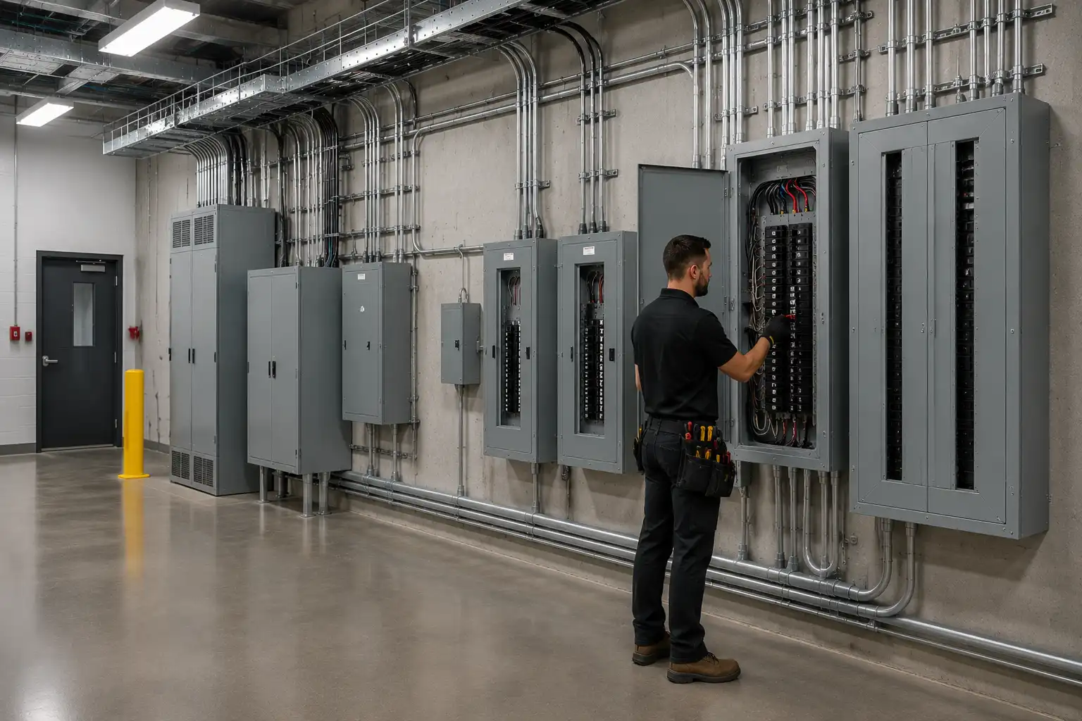 Industrial electrician servicing three-phase electrical equipment at a Fort Erie facility