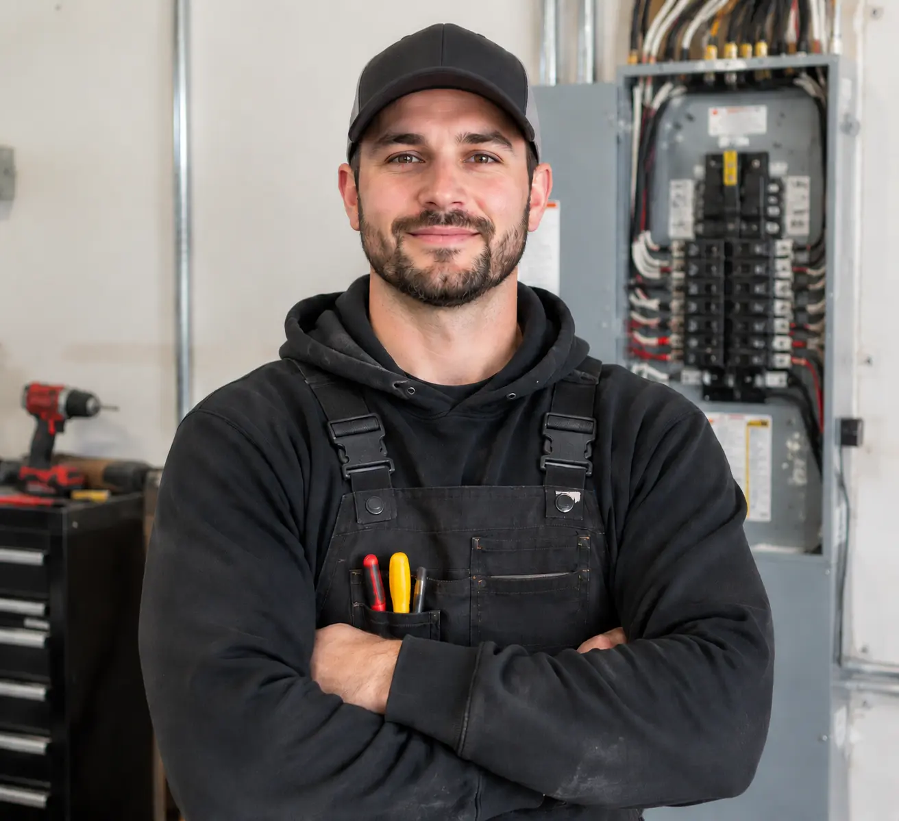 Emergency electrician working on an electrical panel late at night at a Fort Erie home