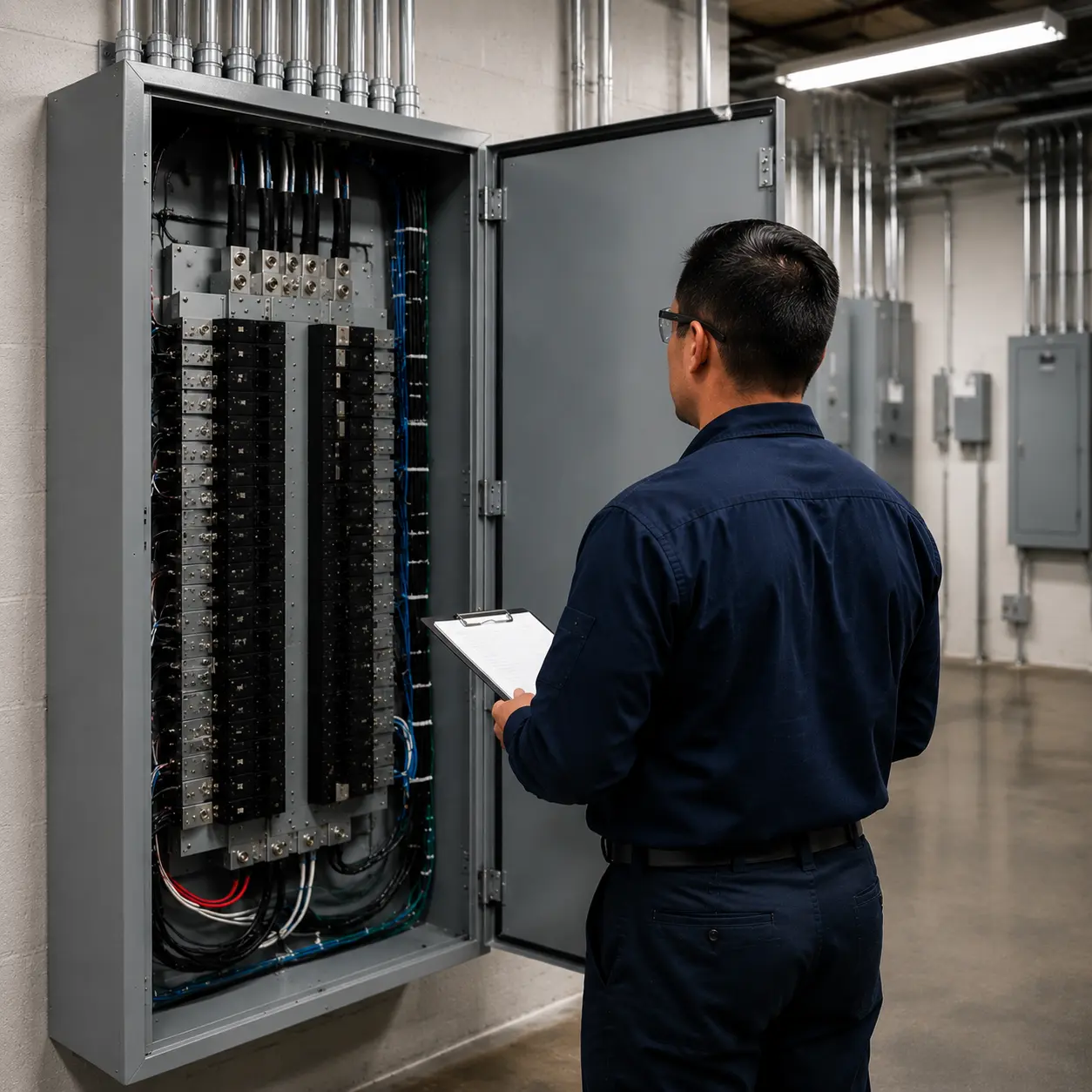 Industrial electrician in Fort Erie working on plant equipment during a planned production shutdown