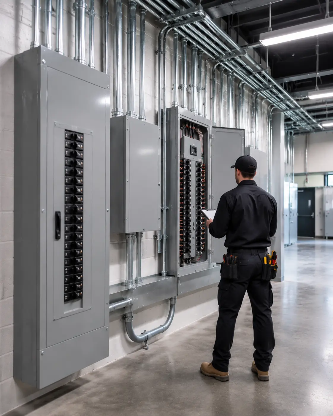 Industrial electrician servicing motor control equipment inside a Fort Erie manufacturing facility