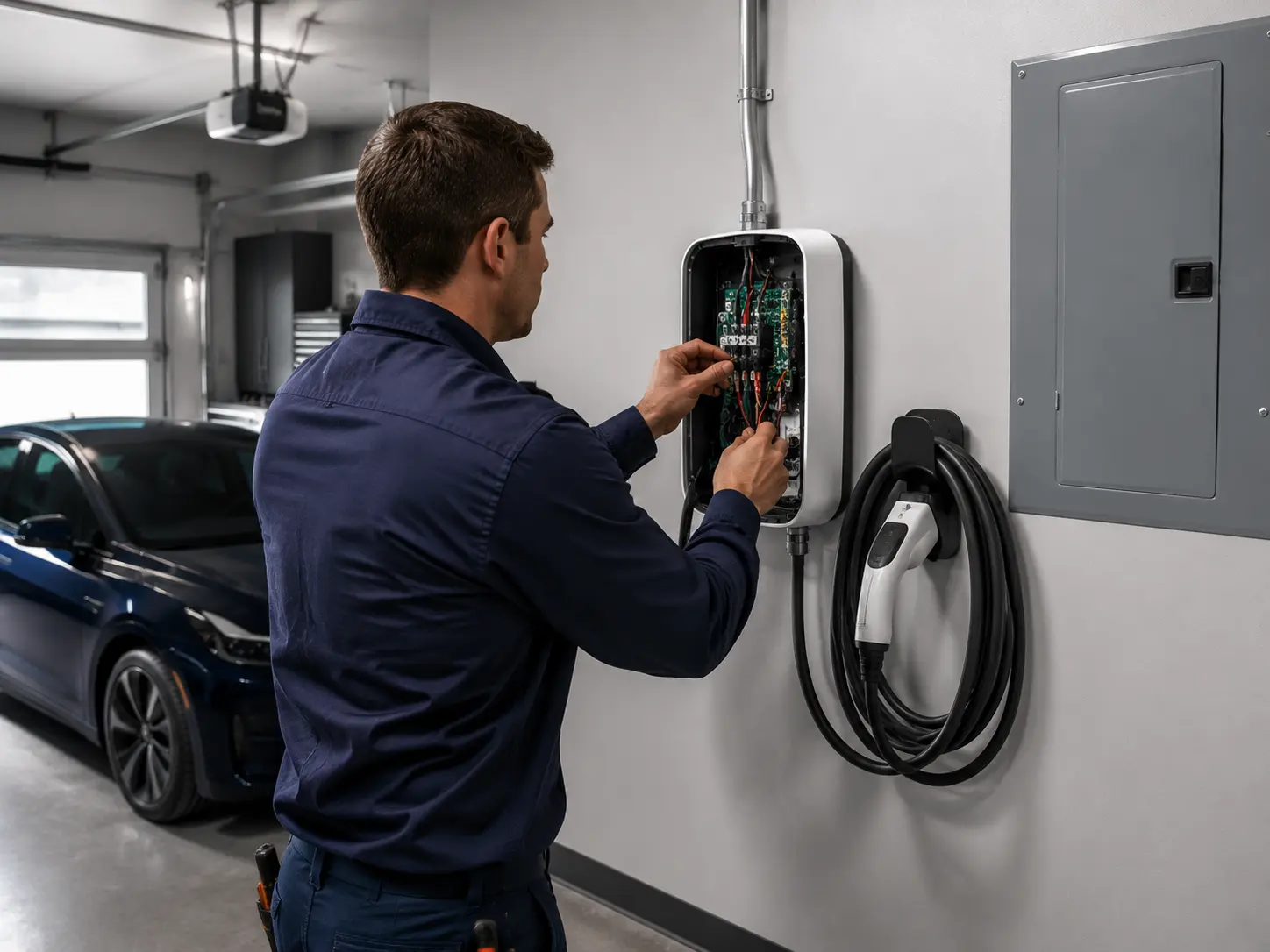 Level 2 EV charger installed on a garage wall by a licensed electrician in Fort Erie