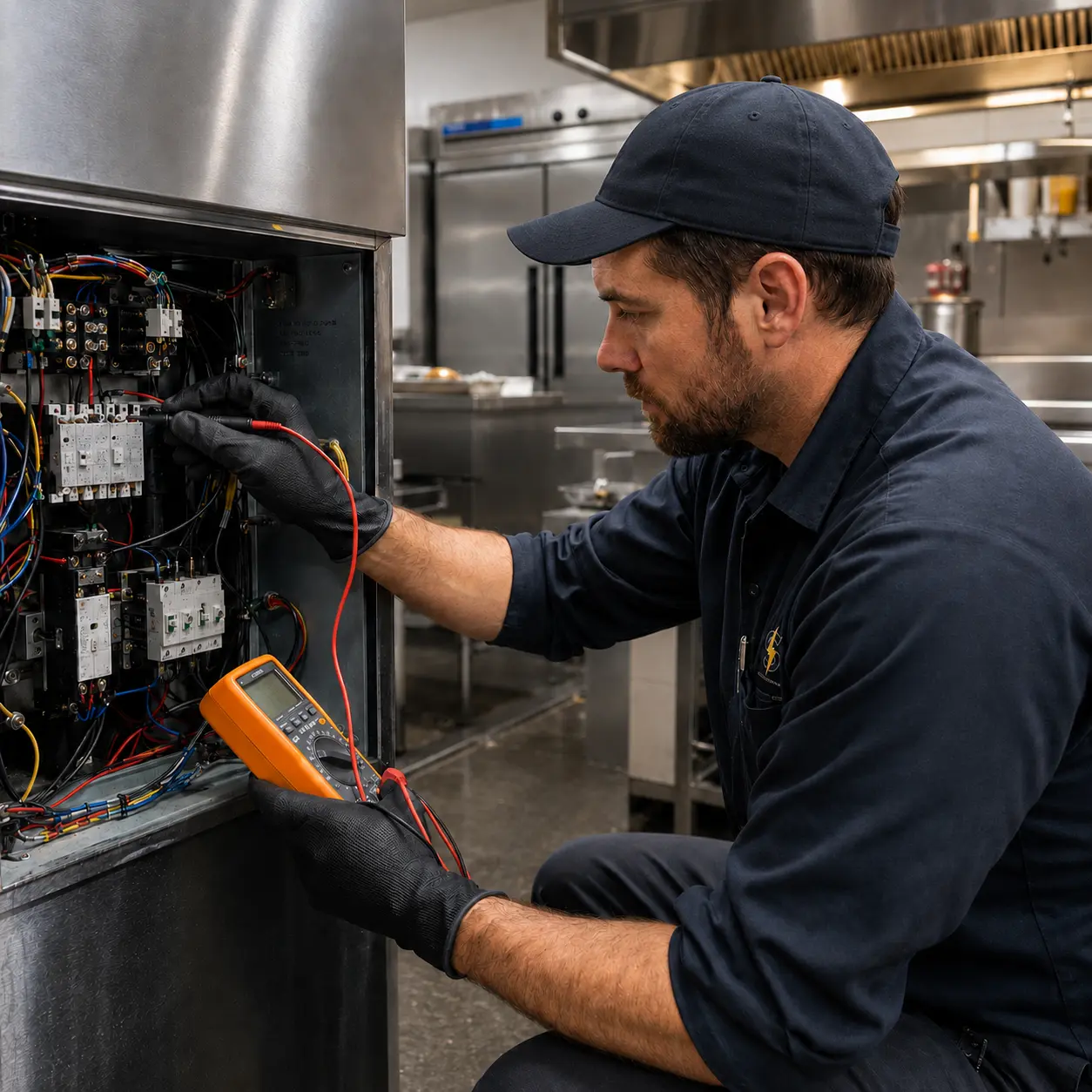 Commercial electrician working in a Fort Erie retail unit after closing hours